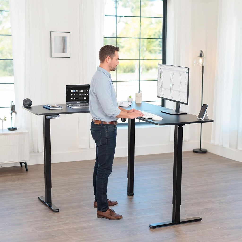 Black 63 x 55 in Corner Standing Desk, DESK-E3CTB | Electric, Holds 225 lbs, Reversible L-Shaped Table, Sit Stand