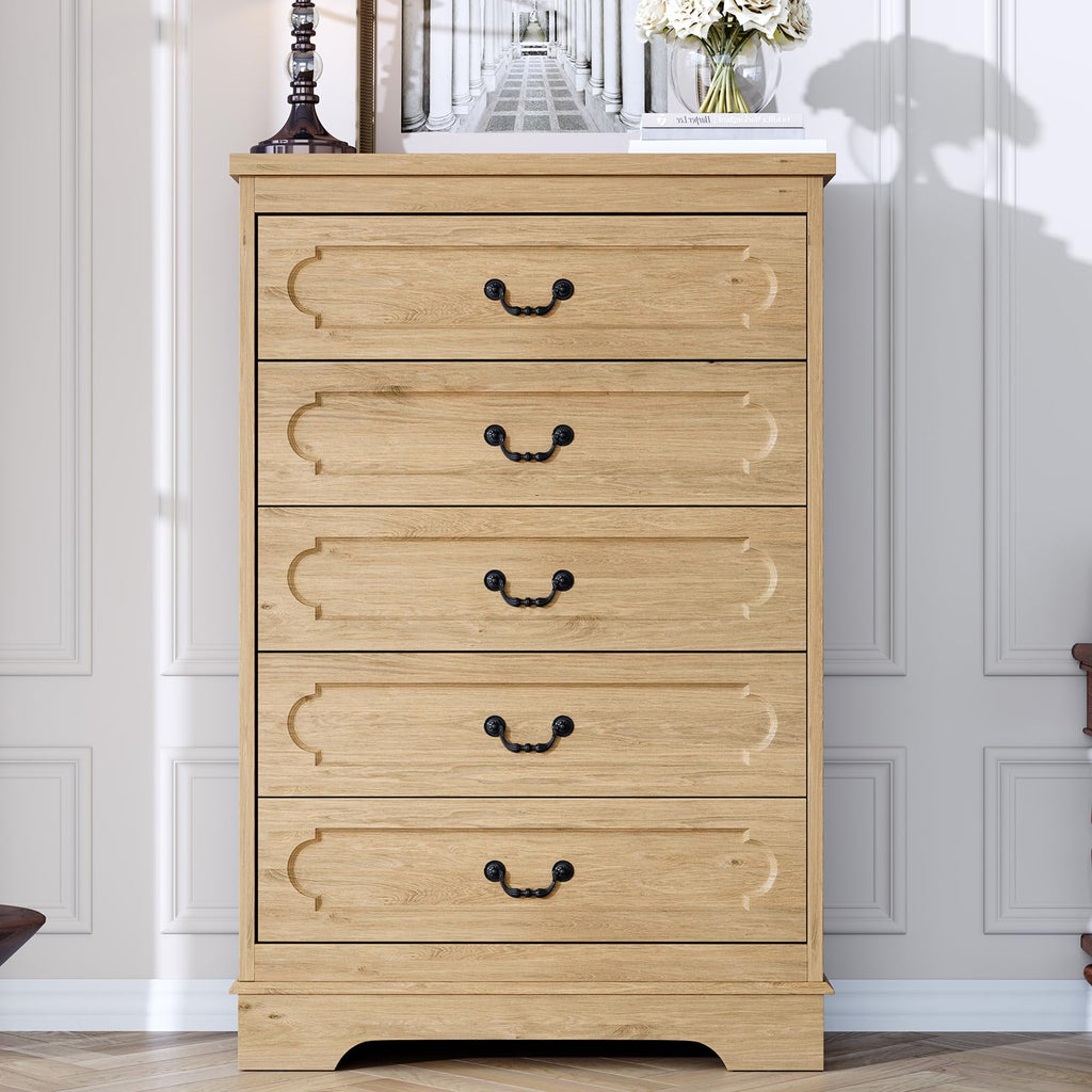 5 Drawer Natural Bedroom 46" Tall Wood Cabinet