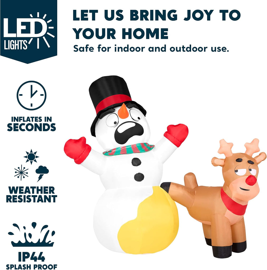 6.6 FT Long Christmas Inflatable Decoration Reindeer Peeing on Snowman, Blow Up Christmas Inflatables Outdoor