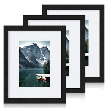 8x10 Picture Frames Set of 3, Real Glass, Black Wood Frame, Mat 5x7