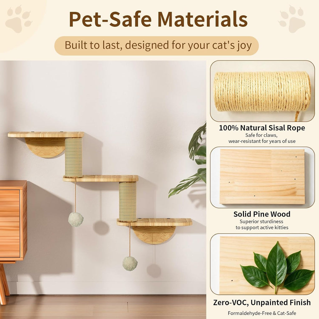 Cat Wall Shelves, Wood Cat Wall Furniture Set for Indoor Cats, Space Saving Wall Mounted Design, Cozy Hammock