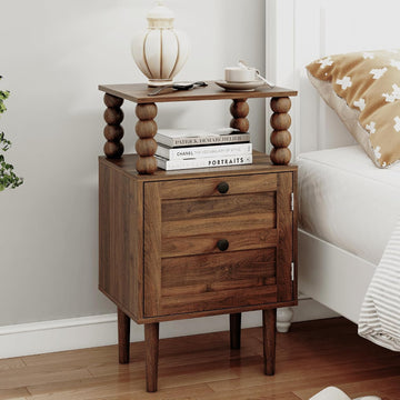 Nightstand, Retro Bedside Table with Storage Drawer, Dark Walnut