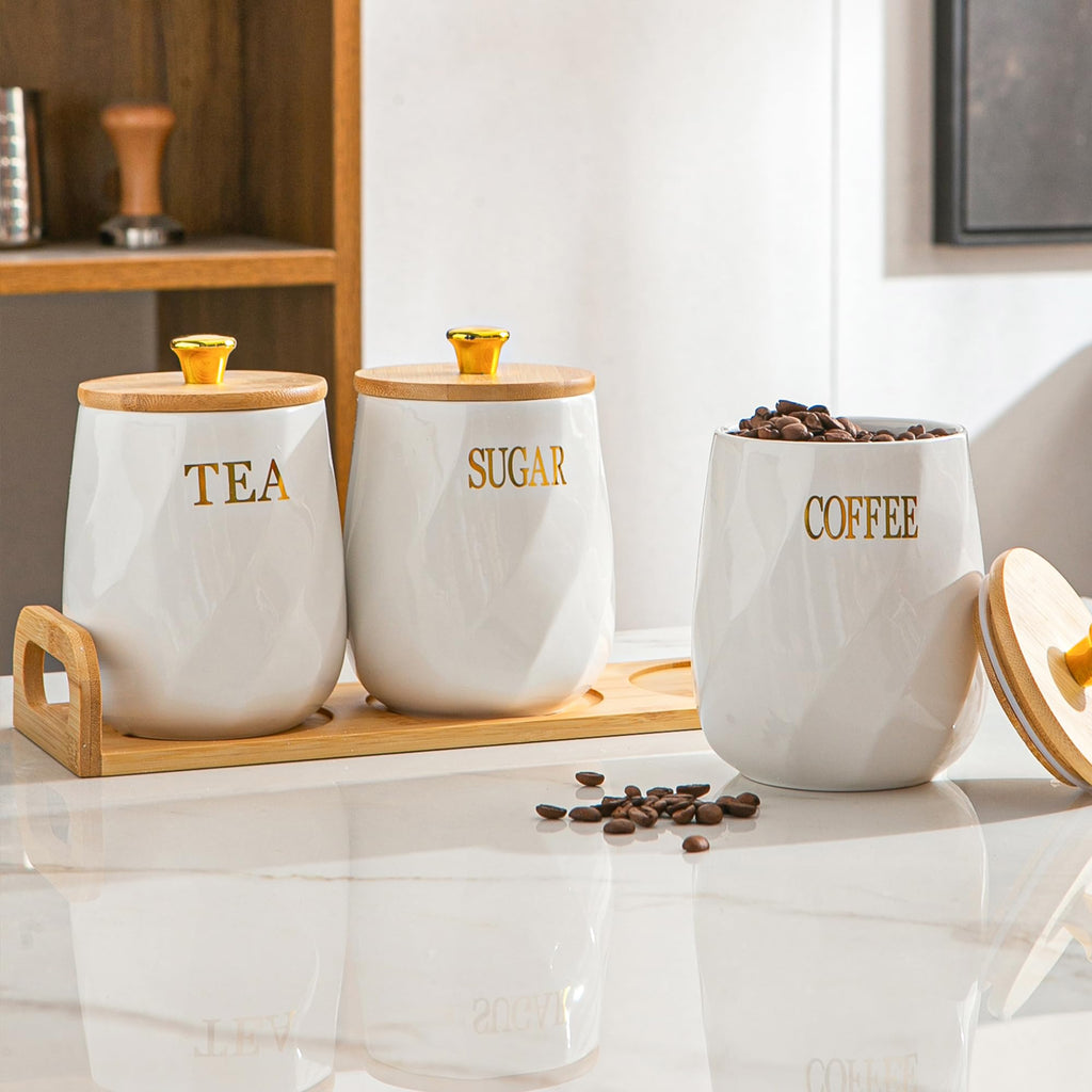 Ceramic Canister Set of 3 for Sugar Coffee Tea with Tray, White Airtight Food Storage Jars with Wood Lids, Kitchen