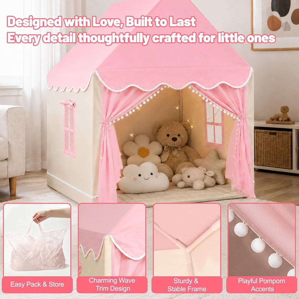 Kids Play Tent Indoor Playhouse, Princess Tent with Mat & Star Lights Pink