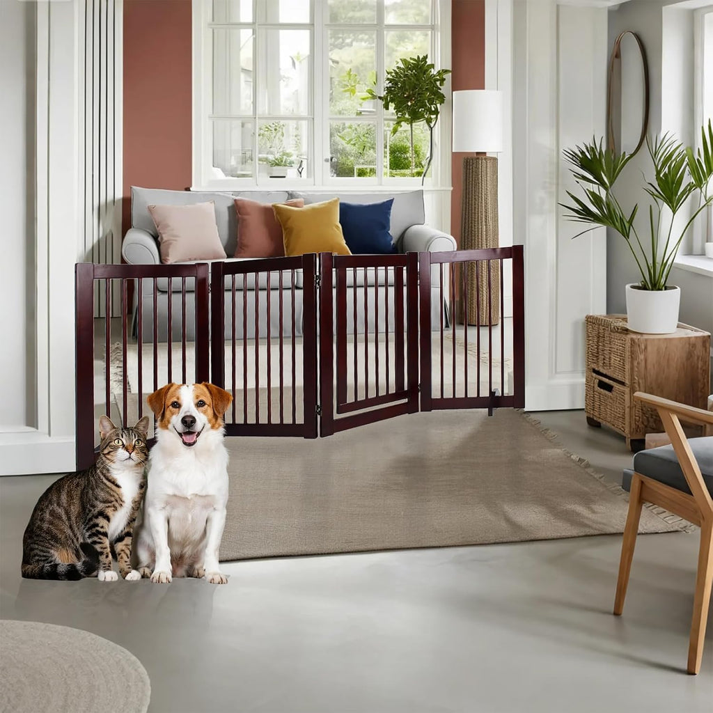 Wooden Free Standing Dog Gate with Door Walk Through, 30 inch 4 Panels Pet Gate for Dogs with 2 Support, Folding Dog