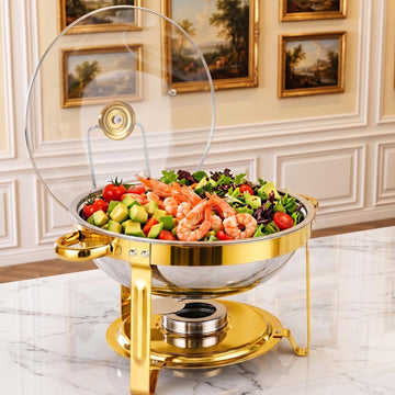 1 Pack 6QT Round Gold Stainless Steel Chafing Dish Set with Clear Glass Lid, Buffet Server Warmer for Parties