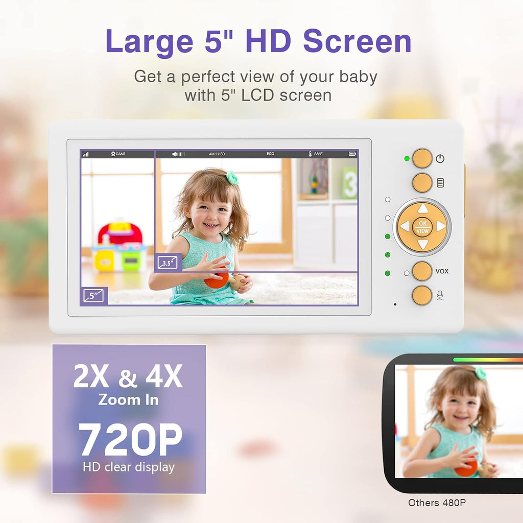 Monitor with Camera and Audio, 5" 720P HD Screen Video Baby Monitor with Pan-Tilt-Zoom Camera, 30hrs Long Battery
