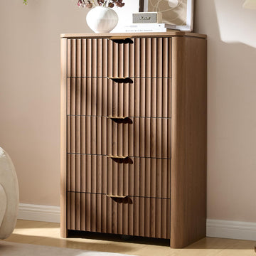 Fluted 5 Drawers Dresser, 45.3" Tall Modern Chest of Drawers with Metal Handle, Natural Wooden Dresser TV Stand Boho
