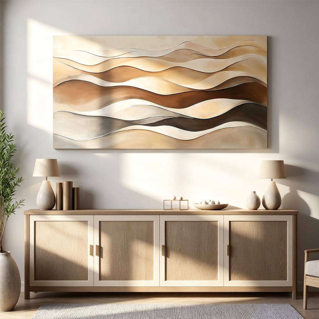 Large Abstract Canvas Wall Art Decor Print Brown White Aesthetic Wall Decor Painting Prints Minimalist Wavy Stripes