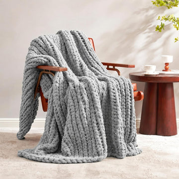 Chenille Chunky Knit Throw Blanket 50"x60", Light Grey