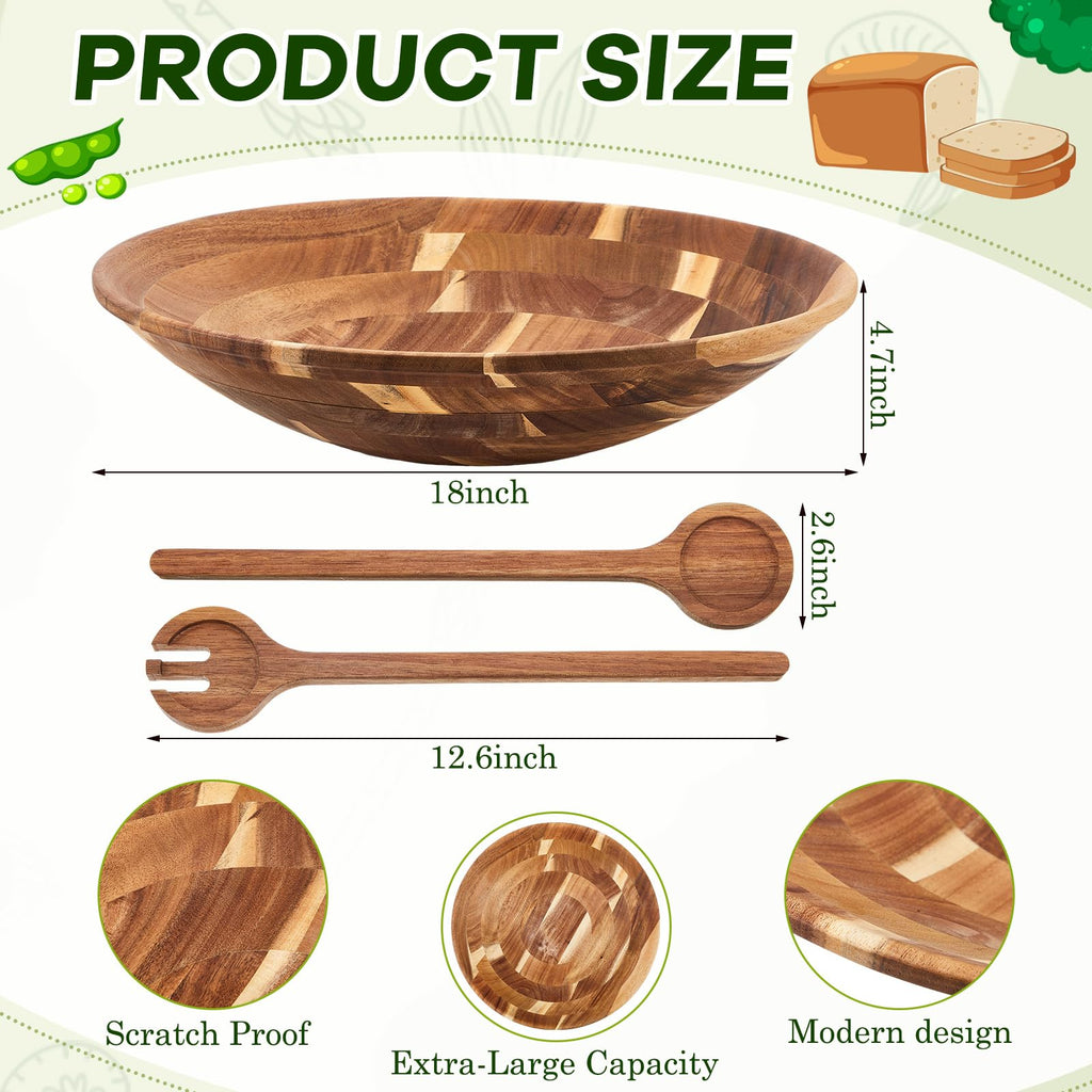 Large 18 Inch Acacia Wood Salad Bowl Set with Serving Utensils