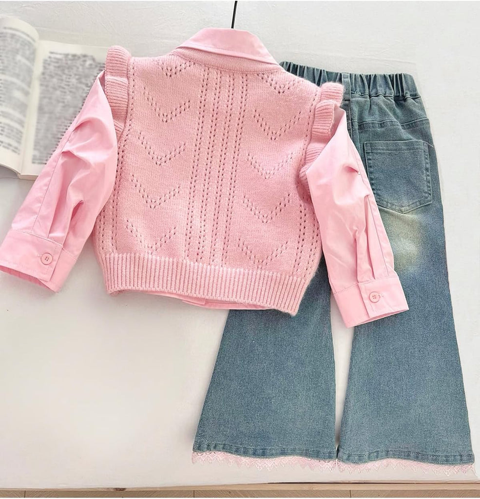 Toddler Girl 3 Piece Set Long Sleeve Shirt with Lace Bow Knitted Vest & Denim Jeans Girls Clothing Sets Fall