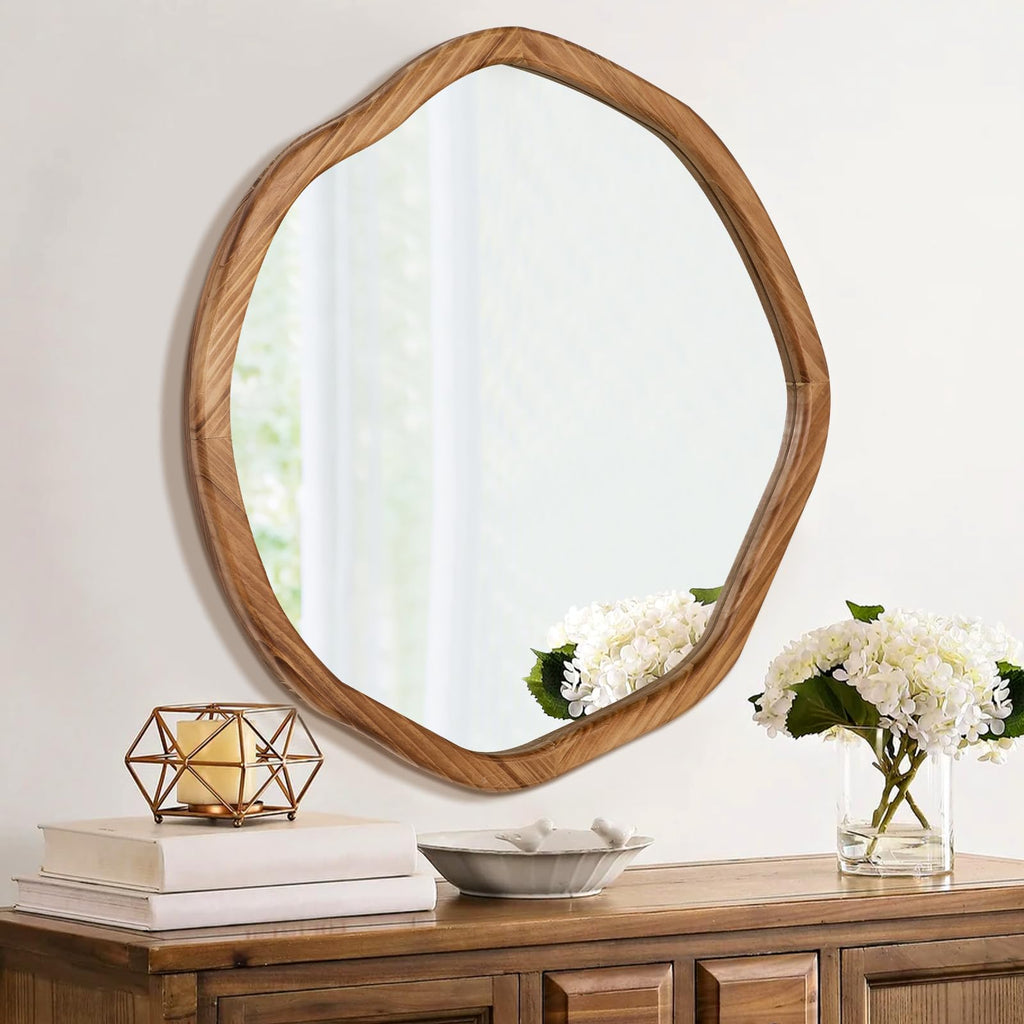 Irregular Round Wood Mirror 24 Inch, Rustic Brown Wall Mirror