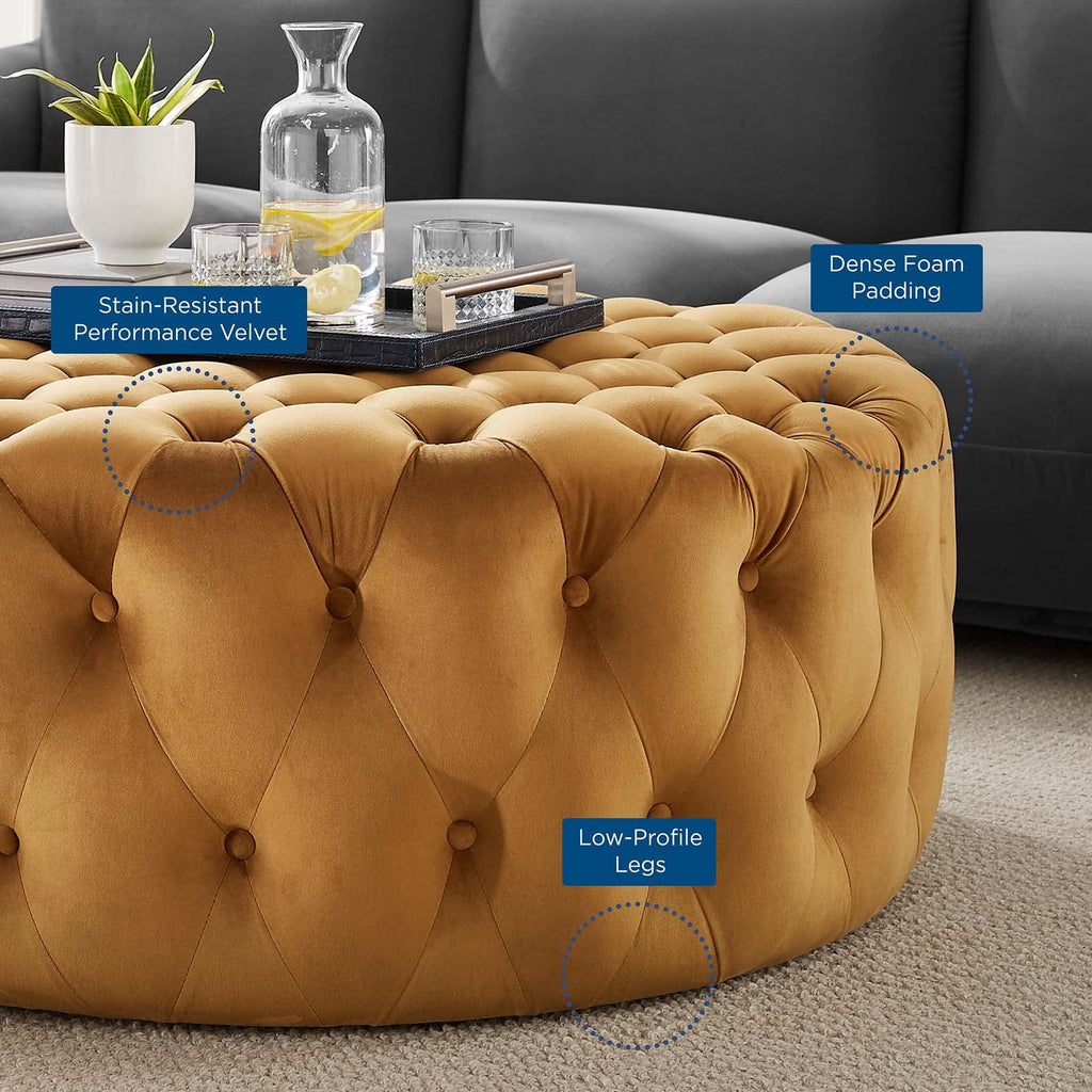 Amour Tufted Button Large Round Performance Velvet Ottoman in Cognac