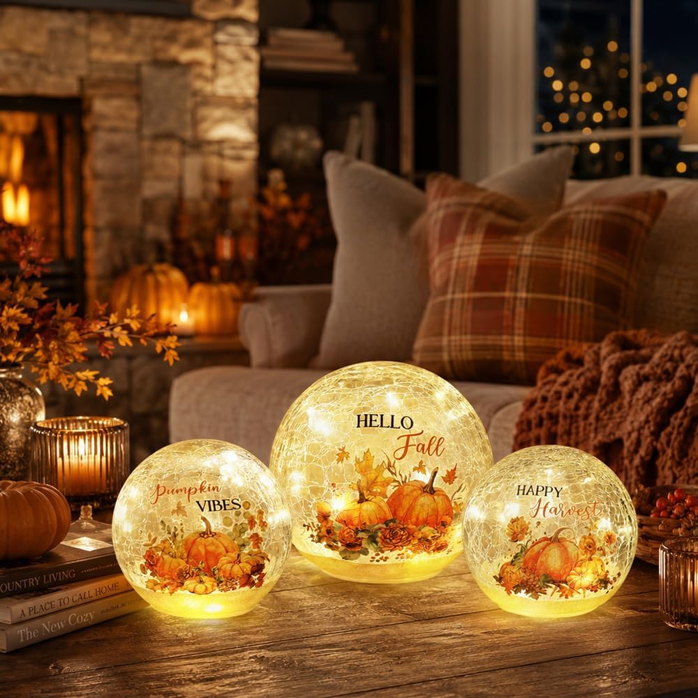 Fall Table Decor Sparkling Crackle Glass Ball with LED Lights Timer Pumpkin Gnomes for Thanksgiving Decor - Set of 3