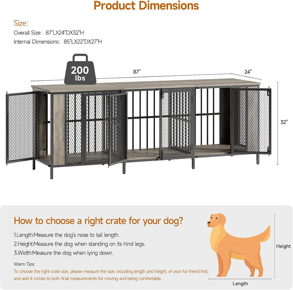 Gray Dog Crate Furniture TV Stand with 3-Room Kennel