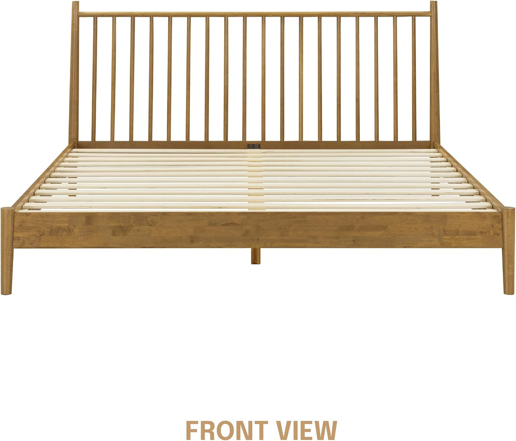 Inno Wooden Bed Frame with Headboard, Solid Oak and Rubber Wood Foundation with Silent Slats and Wood Central