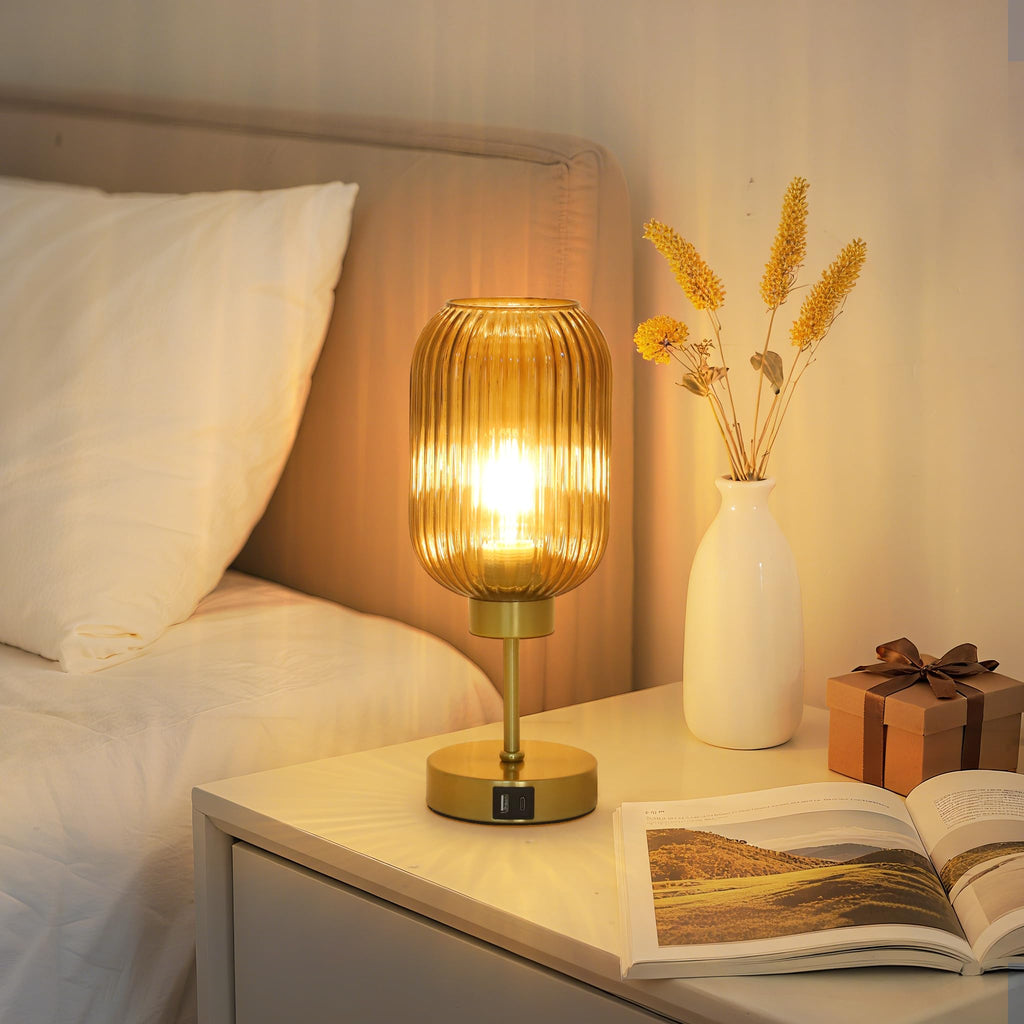 Vintage Gold Touch Table Lamp, Small Desk Lamp with Amber Glass Shade, Bulb, Charging Port, Mid Century Modern