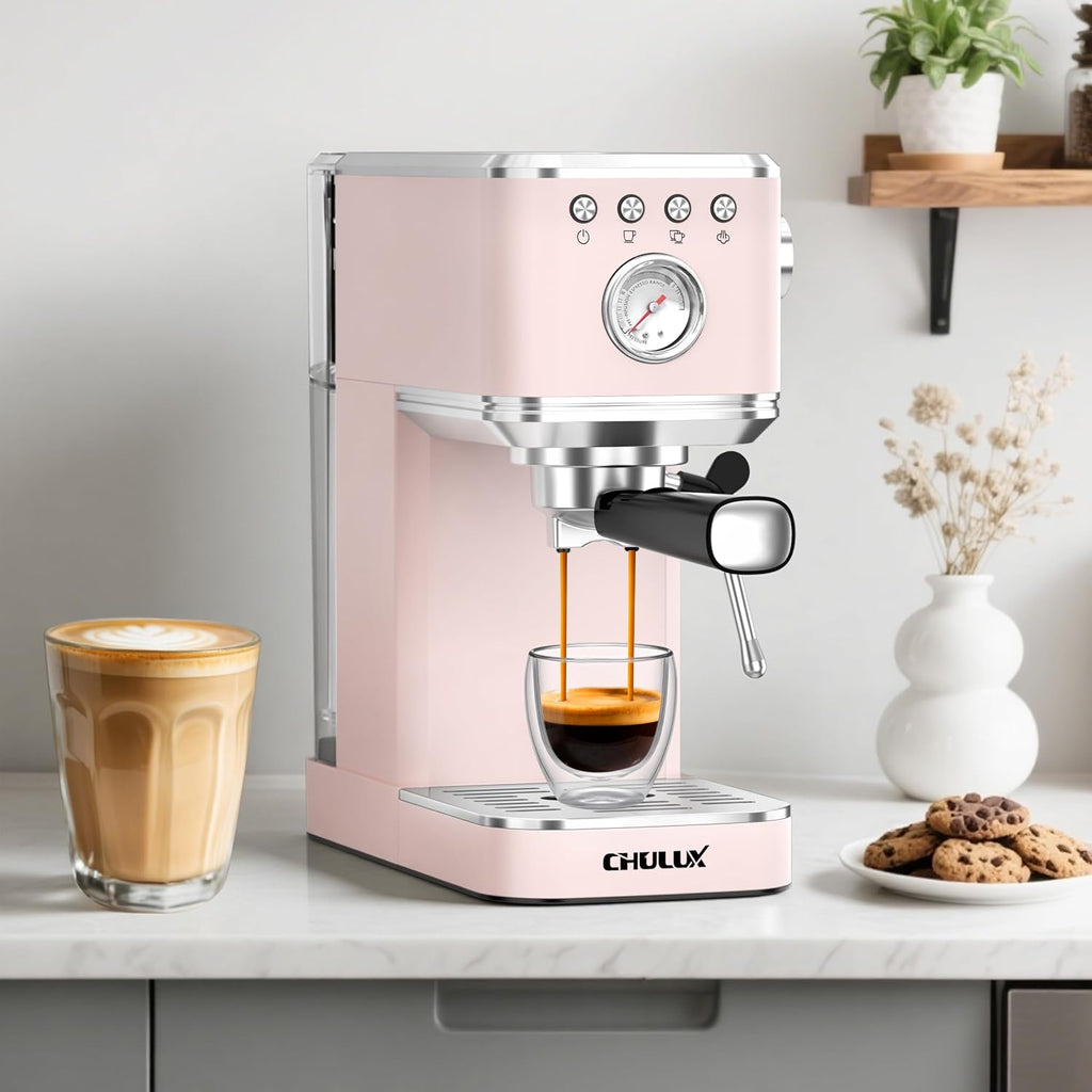 Slim Espresso Machine with Milk Frother Cappuccino, Pink | Precise Pressure Gauge, Food-Grade Materials, 20 Bar