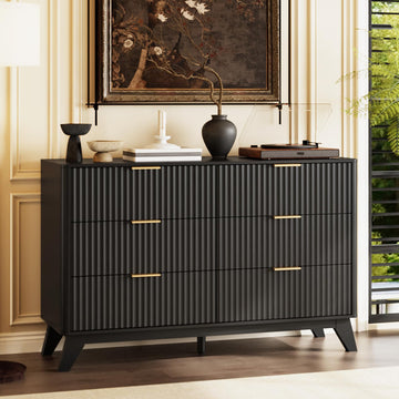 Black Fluted 6 Drawer Dresser with Rounded Edges, Black Modern Dresser, 46.8" W*15.5" D*31" H