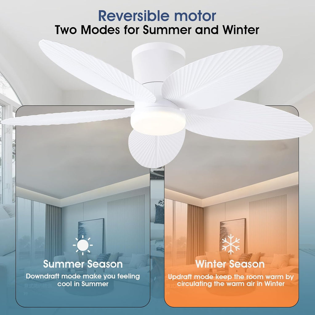 Palm Leaf Ceiling Fans with Lights-42 Tropical Ceiling Fan with Light and Remote/APP Control,Flush Mount Low Profile White Ceiling Fans for Bedroom,Indoor/Outdoor Patio Use A101-B0DLVT767B
