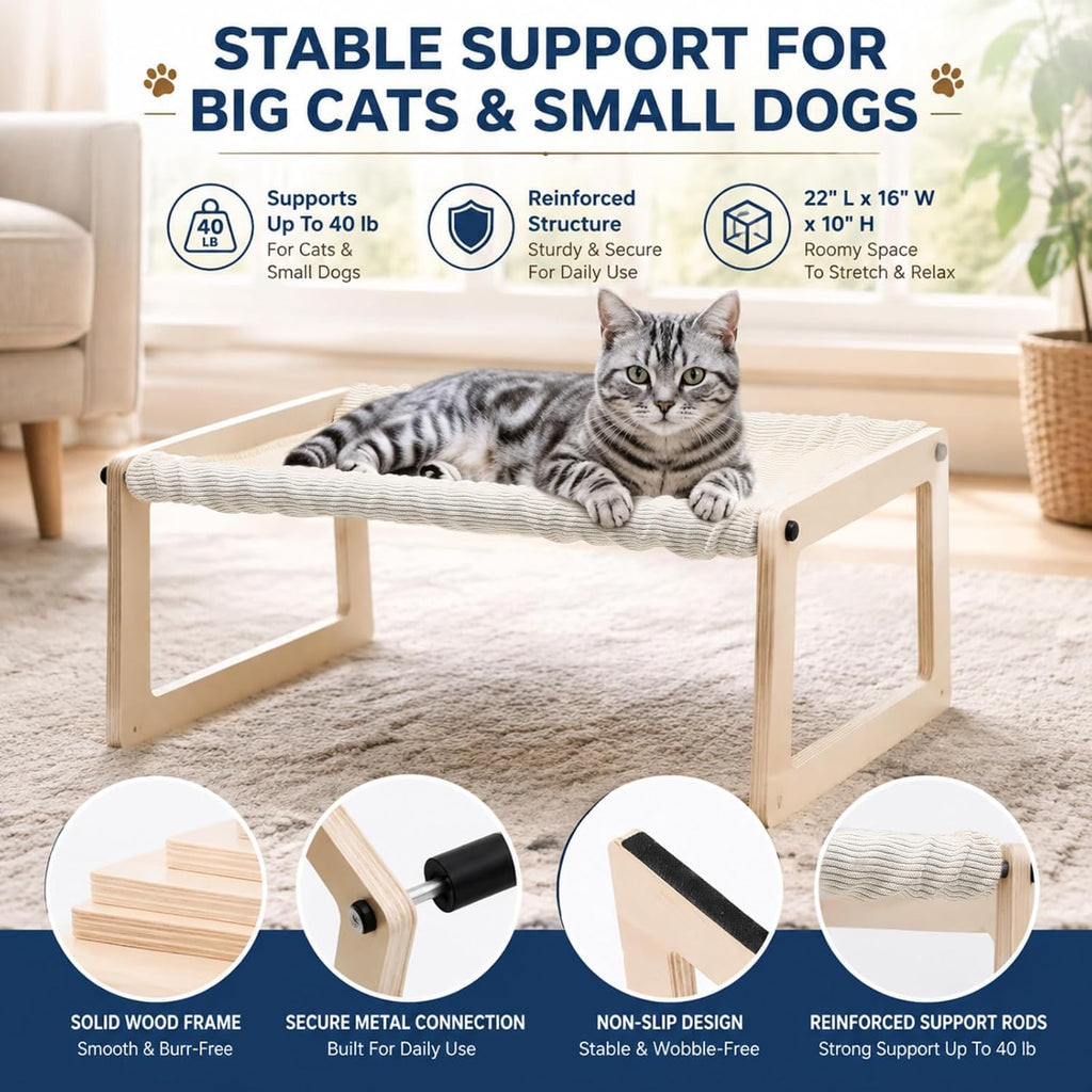 Elevated Cat Bed, Wooden Cat Hammock with Breathable Washable Cushion