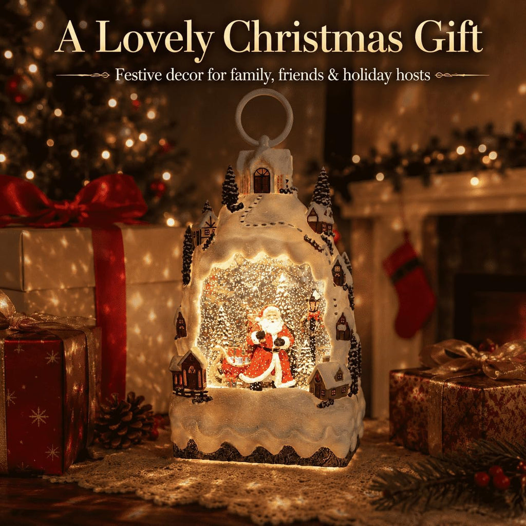 Christmas Snow Globe Lantern with 8 Songs, Santa Snow Mountain Water Globe with Swirling Silver Glitter, Warm Light