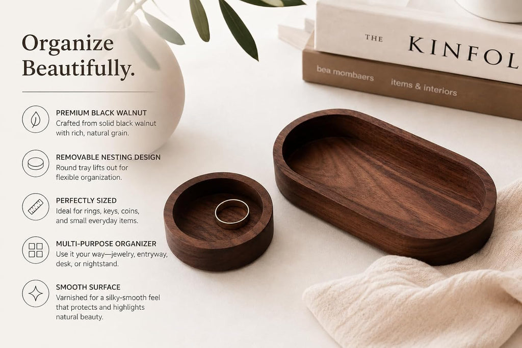 Black Walnut Oval Tray with Removable Round Dish - Solid Wood Jewelry Organizer, Ring Holder, Desk Valet, Minimalist