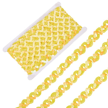 Yellow Sequin Trim Sequins Beaded Strip Rick Rack Wave Gimp Woven Trim Metallic Glitter Ric Rac Braid - 12 Yards