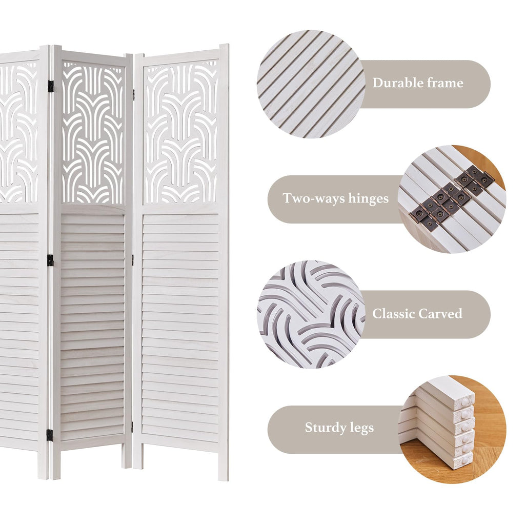 Folding Room Divider, 66.9 Inch 6 Panels Wood Carved Privacy Screens, Free Assembled Freestanding Portable Separation