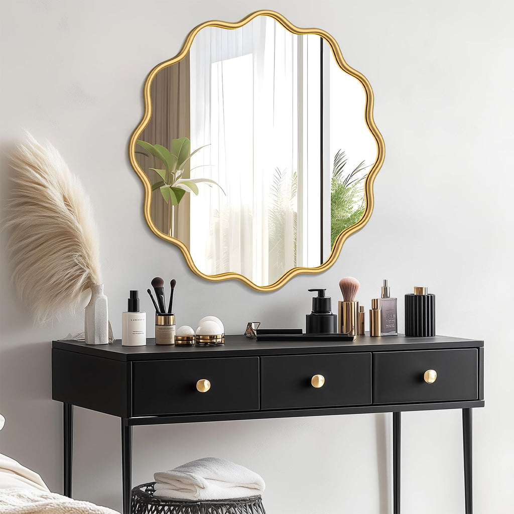 Gold Wavy Round Wall Mirror 36 Inch, Bathroom Decor