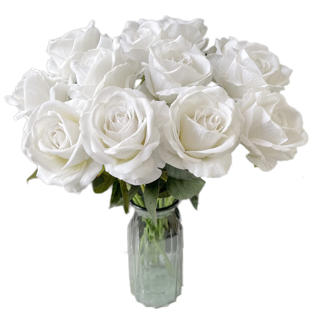 Artificial White Rose Flowers 12 Pcs Blossom Rose Flowers Real Touch Silk Faux Roses with Stem Rose Bouquets