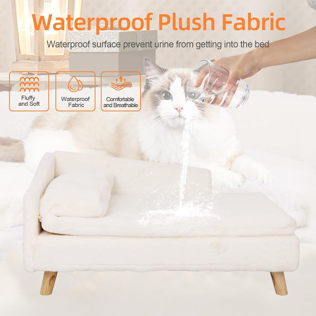 Elevated Cat Couch Sofa: Wooden Cat Bed Dog Chair with Bolster Cushion for Small Dogs Cute Pet Chaise Soft Cushion