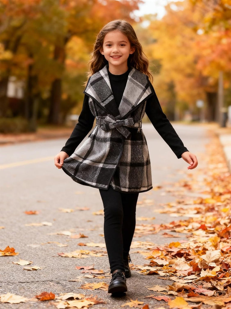 Kid Girls Clothes 3 Piece Outfits Plaid Flannel Belted Vest & Long Sleeve Top and Pants- Fall Clothing Sets
