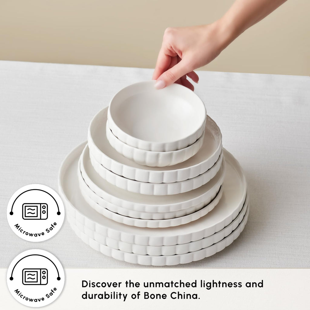 24-Piece Bone China Pumpkin Dinnerware Set for 6, White Elegant Tableware, Plates and Bowls Set, Durable Fine China