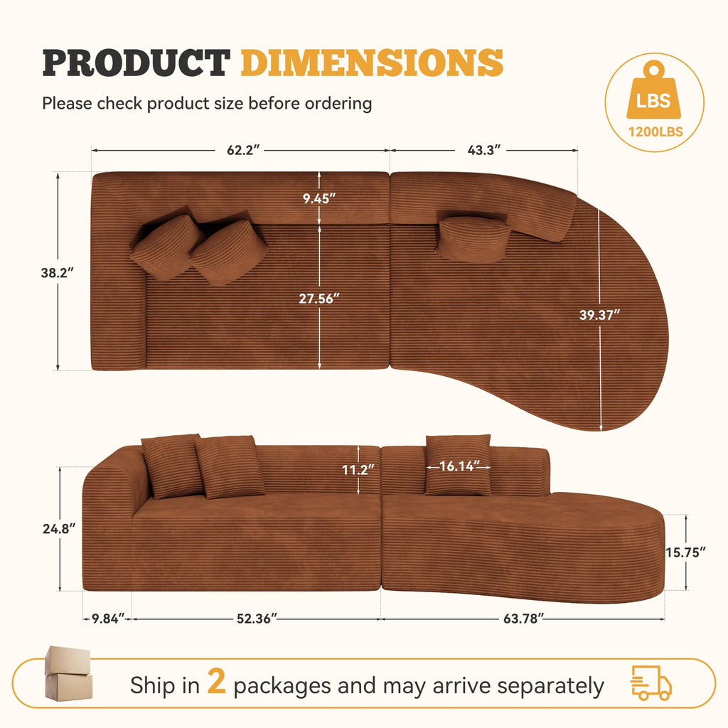 126" Oversized Cloud Curved Couch, Modern Modular Sectional with Deep Seat, Upholstered Boneless Couches, No