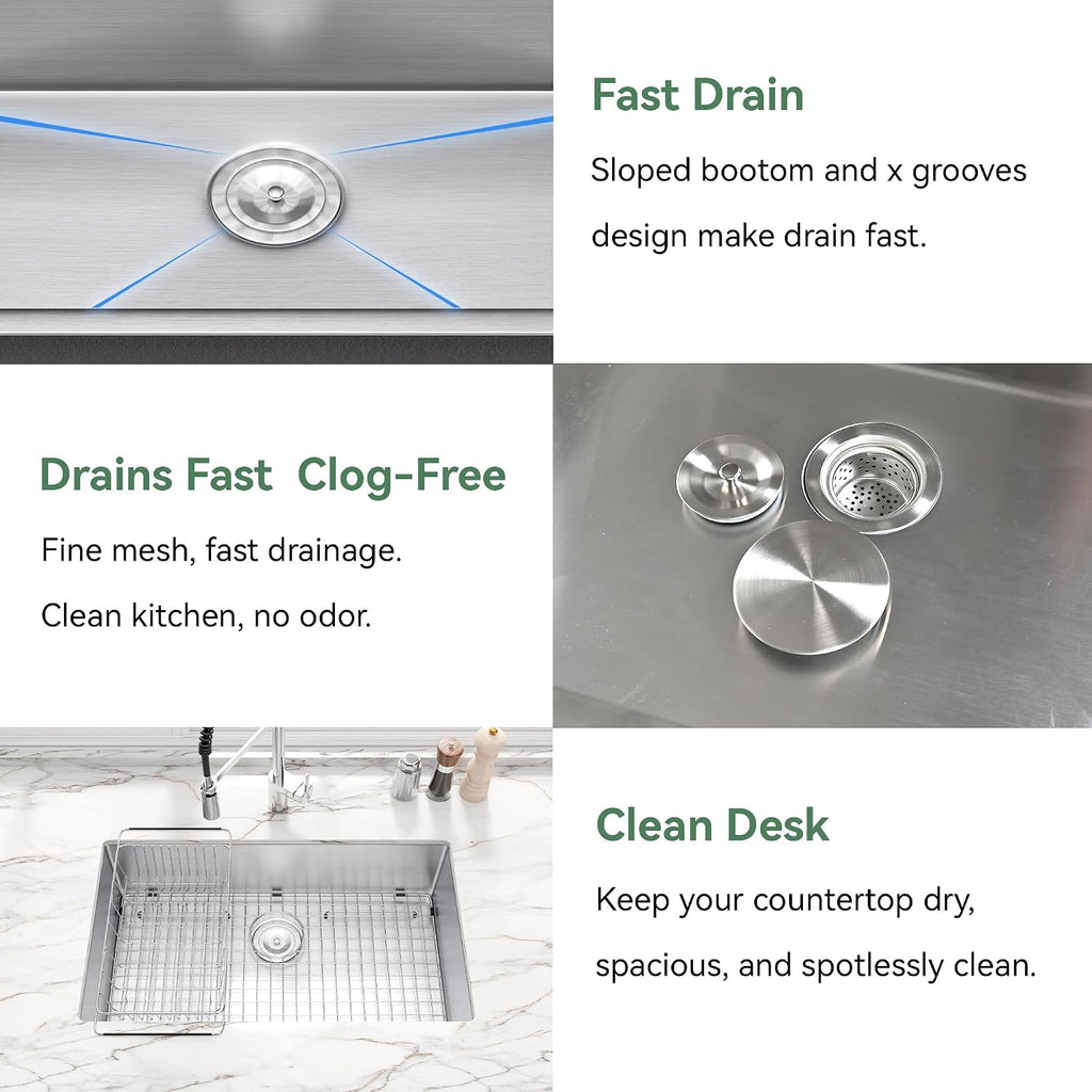 Kitchen Sink 32 Inch Undermount Stainless Steel, 16 Gauge 304 Workstation Sink,Deep Large Capacity Easy Clean Sink,32
