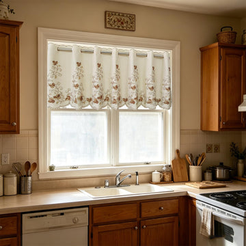 1Panel Maple Leaf Embroidered Floral Curtain Washable Rod Pocket Window Valance Cafe Curtain with Hollow Lace, 59" W