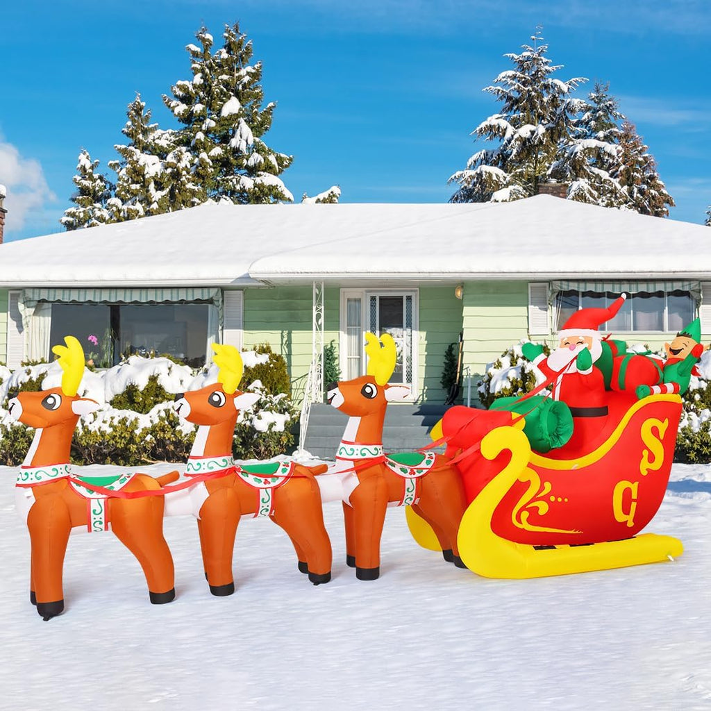 12 Ft Christmas Inflatable Reindeer cart Outdoor Decorations Blow Up Yard Three Deer Pulling a Sleigh and Santa Claus