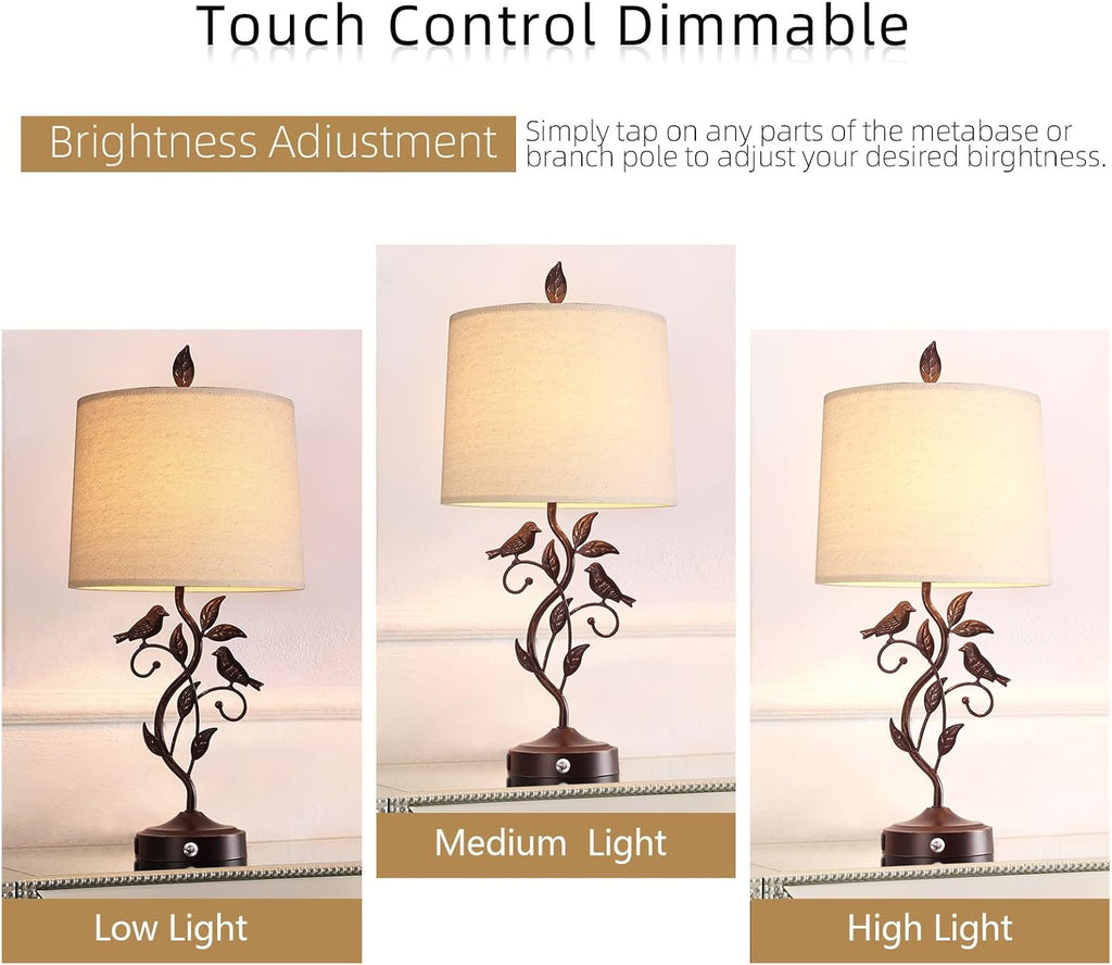 27" Touch Farmhouse Table Lamps with 3-Way Dimmable 2 USB Ports, Vintage Rustic Iron Leaf Nightstand Lamp