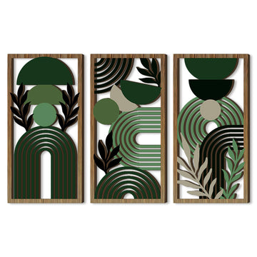 LB Modern Geometric Wall Art Set of 3, Boho Abstract Mid Century Wall Decor Wooden Framed, Green Striped Black Leaf