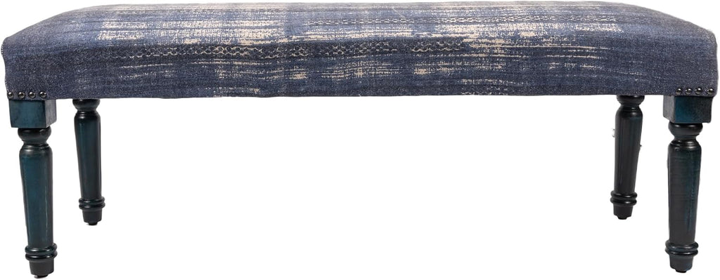 LR Home Blue Upholstered Bench End of Bed | Modern Distressed Accent Bench , or Hallway | 47" L x 16" W x 18" H