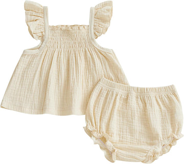 Baby Girl Summer Clothes Cute Basic Plain Cotton Linen Ruffle Tops Dress Shorts Outfits Set Shirt Princess Outfit