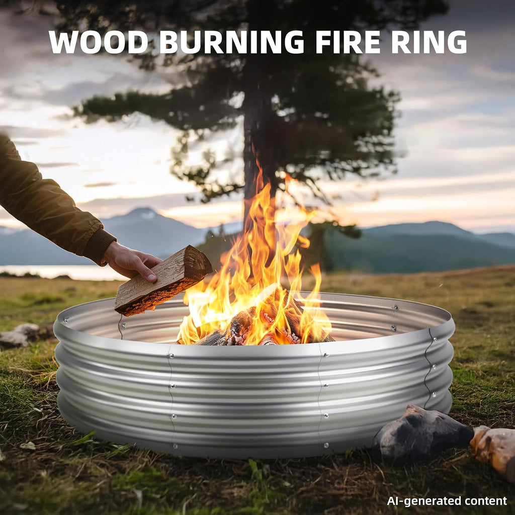 48 Inch Fire Pit Ring for Outside, 4FT Diameter Wood Burning Fire Ring, Large Round Galvanized Steel Fire Pit