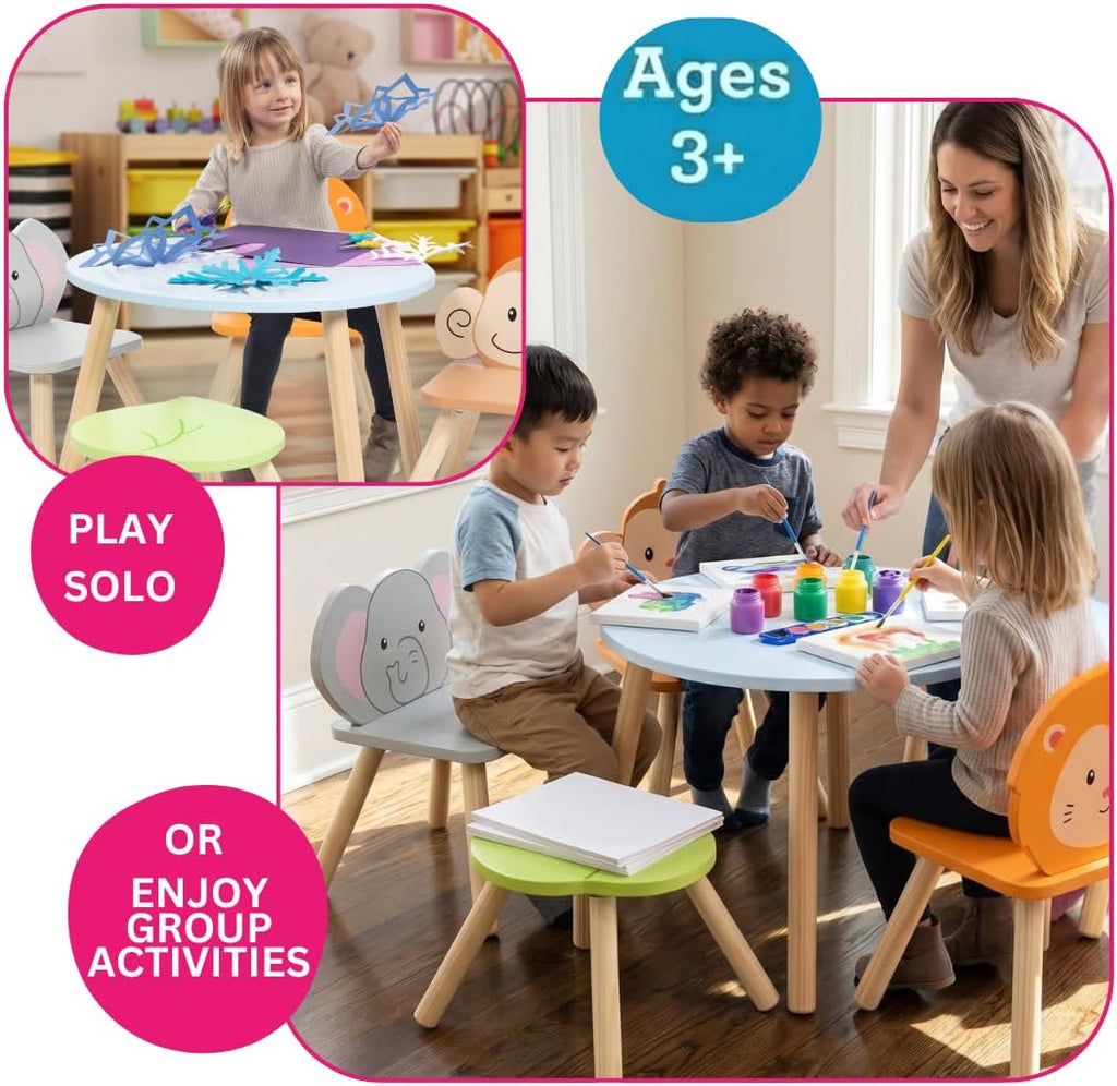 Kids Wooden Animal Table & Chair Set w 4 Seats- Monkey Lion & Elephant
