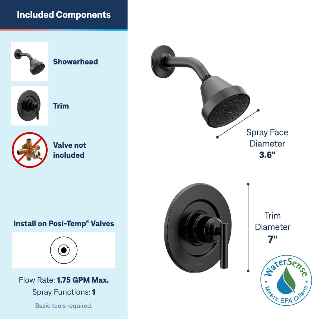 Gibson Matte Black Eco-Performance Modern Shower Trim Featuring Bathroom Showerhead and Lever Handle, Posi-Temp Valve