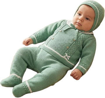 Piece Baby Knitted Set Sweater Footed Pants Hat Boys Girls Coming Home Newborn Outfit - Made in Spain