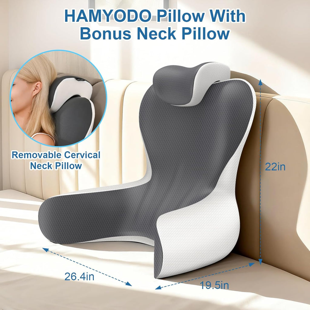 22" XL Reading Pillow Sitting in Bed,Back Support & Armrests(Grey & White) | OEKO-TEX,Back Rest & Lumbar Support