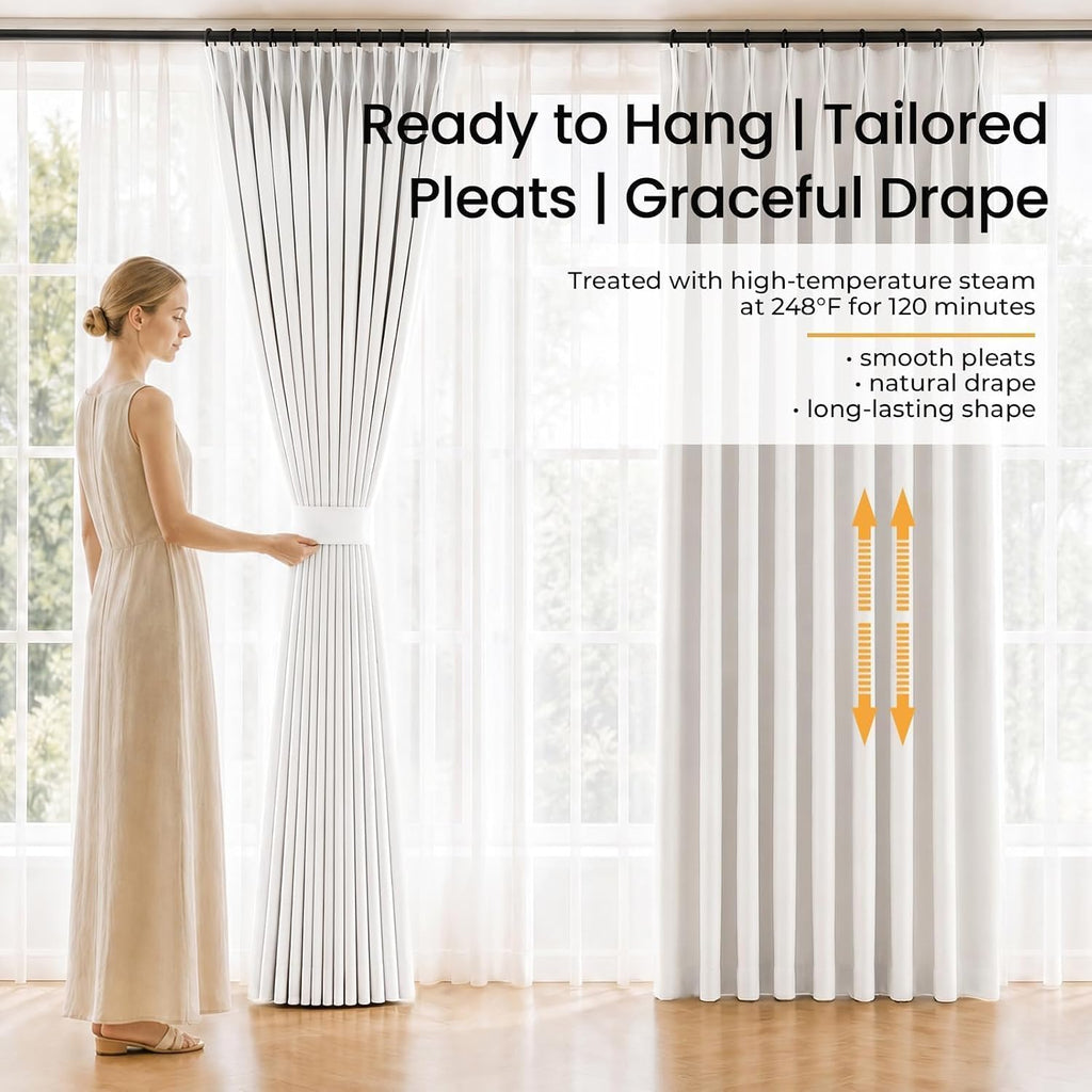 96 Inch Pinch Pleated Blackout Curtains Double Layer, Natural Beige Linen Blend 100% Blackout Sliding Door Panels