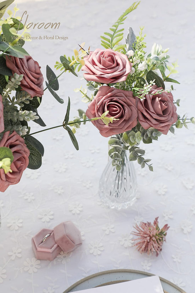 Artificial Flowers 50pcs Real Looking Dusty Rose Foam Fake Roses with Stems for DIY Wedding Bouquets Bridal Shower